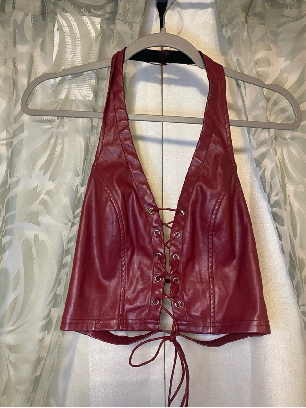 Lace-Up Faux Leather Halter Crop Top - Burgundy